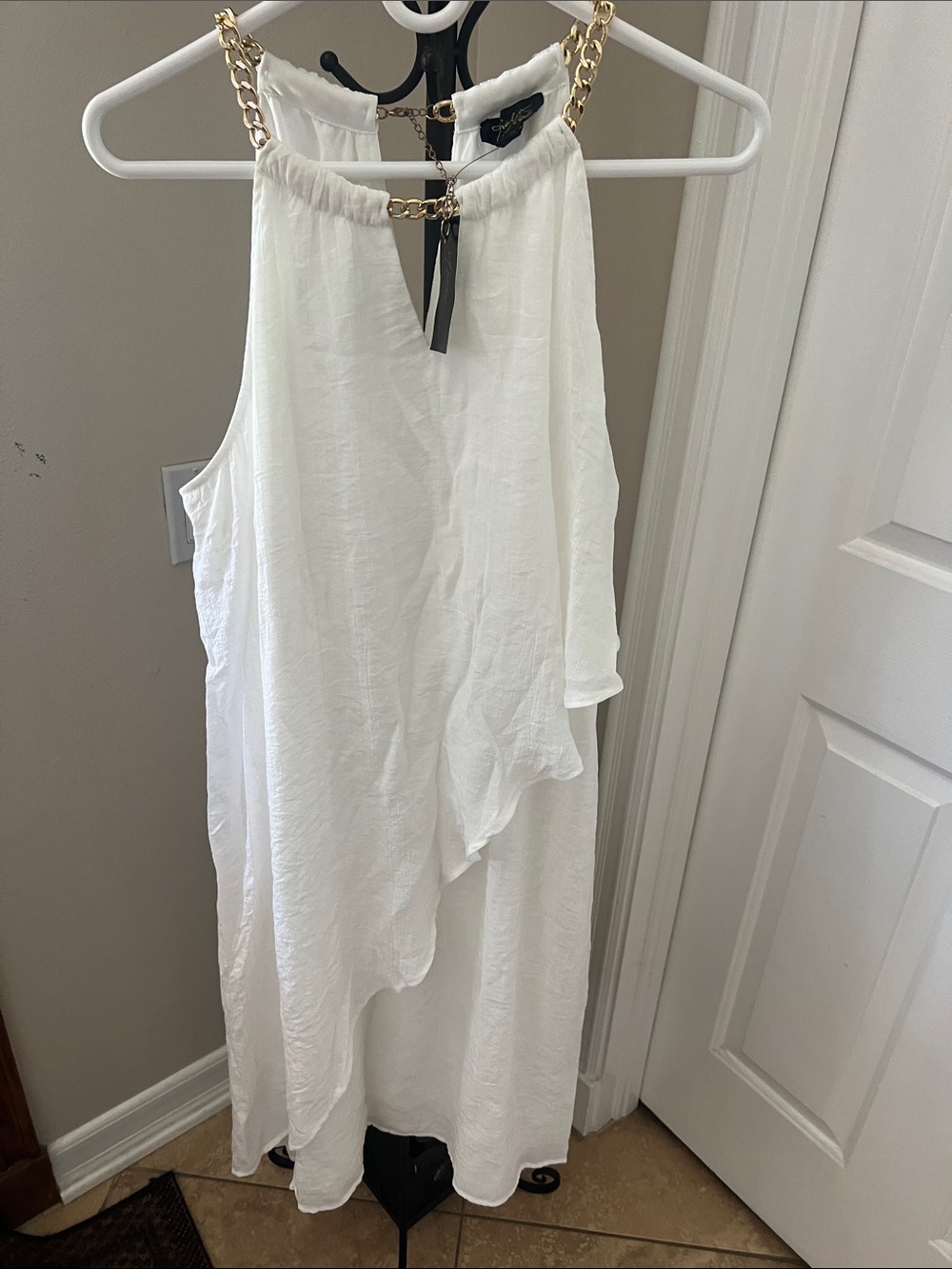 Thalia Sodi White Asymmetrical Halter Dress with Gold Chain Straps